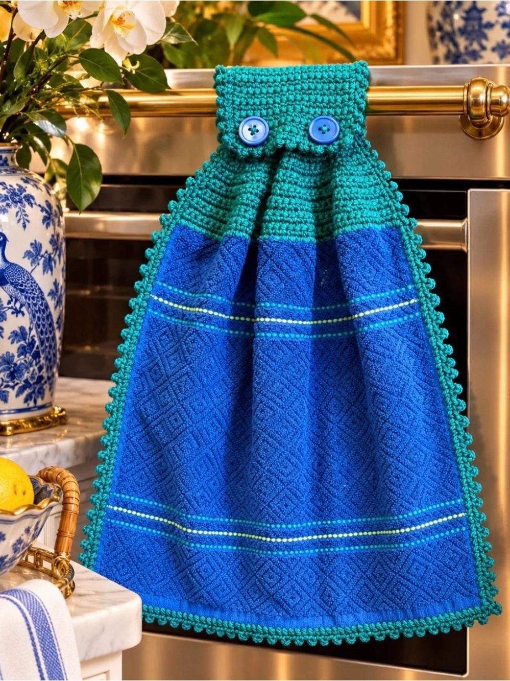 Handmade Crochet Hanging Kitchen Towel Royal Blue Teal Mainstays